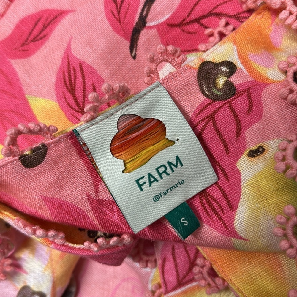 Farm Rio Pink Papaya Leaf Dress Linen Button Down Midi Short Sleeve Size Small - Picture 13 of 13